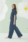 Lacivert Kurdele Önden Düğmeli Pijama Takım thumbnail 4