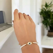 Sembole Özel Beyaz İpek Örgülü 14 Ayar Altın Plakalı Oval Motifli Hediye Bileklik-424 thumbnail 2