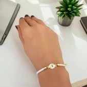 Harfe Özel 14 Ayar Altın Plakalı Oval Motifli Beyaz İpek Örgülü Hediye Bileklik-424 thumbnail 2