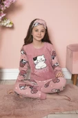 Kız Çocuk Welsoft Kumaş-Göz Bantlı Kedicik Baskılı Pijama Takımı 12282 - 4