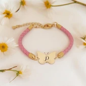 Harfe Özel 14 Ayar Altın Plakalı Kelebek Motifli Doğal Pembe Derili Hediye Bileklik-429 thumbnail 1