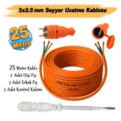 Seyyar 25 Metre Uzatma Kablosu TTR CCA Telli 3x2.5 mm Elektrik Kablo Kontrol Kalem Dişi Erkek Fiş thumbnail 2