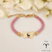 Burca Özel Kelebek Motifli Doğal Pembe Derili 14 Ayar Altın Plakalı Hediye Bileklik-429 thumbnail 1