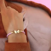 Sembole Özel Doğal Pembe Derili 14 Ayar Altın Plakalı Kelebek Motifli Hediye Bileklik-429 thumbnail 2
