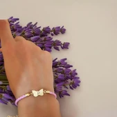 Harfe Özel 14 Ayar Altın Plakalı Kelebek Motifli Doğal Pembe Derili Hediye Bileklik-429 thumbnail 2
