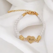 İsme Özel Kalp Figürlü Doğal Beyaz Derili 14 Ayar Altın Plakalı Sevgililer Gününe Özel Hediye Bileklik-433 thumbnail 1