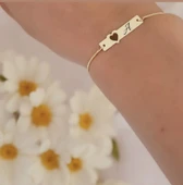 Harfe Özel 14 Ayar Altın Plakalı Kalp Motifli Altın Renkli Zincirli Hediye Bileklik-432 thumbnail 2