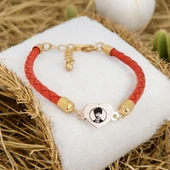 Sembole Özel Doğal Turuncu Derili 14 Ayar Altın Plakalı Kalp Motifli Hediye Bileklik-434 thumbnail 1