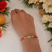 Sembole Özel Doğal Turuncu Derili 14 Ayar Altın Plakalı Kalp Motifli Hediye Bileklik-434 thumbnail 2