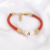 Harfe Özel 14 Ayar Altın Plakalı Kalp Motifli Doğal Turuncu Derili Hediye Bileklik-434 thumbnail 1