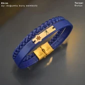 Burca Özel Kar Tanesi Motifli Hakiki Lacivert Derili 14 Ayar Altın Plakalı Hediye Bileklik-435 thumbnail 1