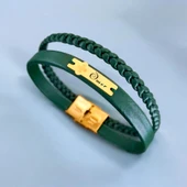 İsme Özel Çiçek Figürlü Hakiki Yeşil Derili 14 Ayar Altın Plakalı Hediye Bileklik-436 thumbnail 1