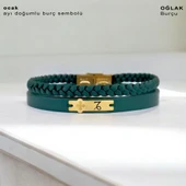 Doğum Ayına Özel 14 Ayar Altın Plakalı Çiçek Figürlü Hakiki Yeşil Derili Hediye Bileklik-436 thumbnail 2