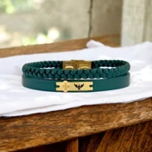 Sembole Özel Hakiki Yeşil Derili 14 Ayar Altın Plakalı Çiçek Figürlü Hediye Bileklik-436 thumbnail 2