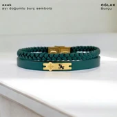 Burca Özel Çiçek Figürlü Hakiki Yeşil Derili 14 Ayar Altın Plakalı Hediye Bileklik-436 thumbnail 2