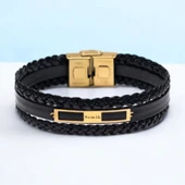 İsme Özel Dikdörtgen Motifli Hakiki Siyah Derili 14 Ayar Altın Plakalı Hediye Bileklik-437 thumbnail 1