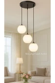 Fico Home Modern Rize Camlı Avize Camlı Salon Avizesi 3 lü Sarkıt Avize Metal Gövde İthal Mat Beyaz Camlar - 1