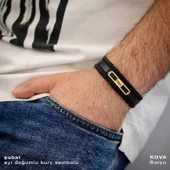 Doğum Ayına Özel 14 Ayar Altın Plakalı Dikdörtgen Motifli Hakiki Siyah Derili Hediye Bileklik-437 thumbnail 2