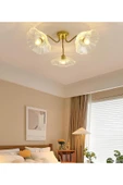 Fico Home Lüx Cam Avize Şeffaf Renkli Kristal Camlı Plafonyer Avize Çiçek Üçlü Eskitme Gold Sarı - 3
