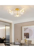 Fico Home Lüx Cam Avize Şeffaf Renkli Kristal Camlı Plafonyer Avize Çiçek Üçlü Eskitme Gold Sarı - 1