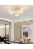 burenze Luxury Modern Exclusive Tasarım Şeffaf Renk Kristal Camlı Flower Çiçek Üçlü Avize Eskitme Gold Sarı - 4