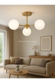 burenze Camlı Avize Glop Mat Beyaz Camlı Eskitme Gold Sarı Plafonyer Tavan Avizesi 3xE-27 Duy - 1