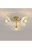 Fico Home Lüx Cam Avize Şeffaf Renkli Kristal Camlı Plafonyer Avize Çiçek Üçlü Eskitme Gold Sarı - 4