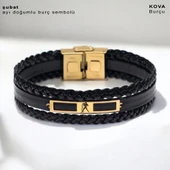 Burca Özel Dikdörtgen Motifli Hakiki Siyah Derili 14 Ayar Altın Plakalı Hediye Bileklik-437 thumbnail 1