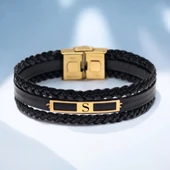 Harfe Özel 14 Ayar Altın Plakalı Dikdörtgen Motifli Hakiki Siyah Derili Hediye Bileklik-437 thumbnail 1