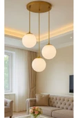 burenze Modern Camlı Avize Beyaz Mat Glop Camlı Salon Avizesi 3 lü Sarkıt Avize - 1