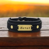 İsme Özel Oval Figürlü Hakiki Siyah Derili 14 Ayar Altın Plakalı Hediye Bileklik-438 thumbnail 1
