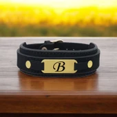Harfe Özel 14 Ayar Altın Plakalı Oval Figürlü Hakiki Siyah Derili Hediye Bileklik-438 thumbnail 1