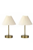 burenze Modern Tasarım Umbrella Abajur 2’li Set Eskitme Gold Masa Lambası Krem Kumaş Pileli Abajur - 2