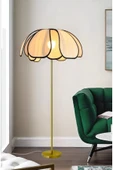 burenze Boheme Modern Tasarım Palm Burenze Dekoratif Lambader Eskitme Gold Gövde Ekru Kumaş Abajur - 3