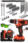 JetVolt Çift Akülü 12 Köşe 360° Otomatik Hizalamalı Lazer Metre ve Çelik Mandren 84 Parça Şarjlı Matkap - Kırmızı - 1