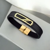 İsme Özel Dikdörtgen Motifli Hakiki Siyah Derili 14 Ayar Altın Plakalı Hediye Bileklik-446 thumbnail 1