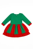 Noel Temalı Yeşil - Kırmızı Kurdeleli Kız Çocuk Elbisesi thumbnail 5