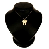 İsme Özel Diş ve Fiyonk Motifli Altın Renkli Zincirli 14 Ayar Altın Plakalı Hediyelik Kolye-450 thumbnail 1