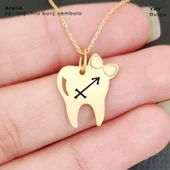 Doğum Ayına Özel 14 Ayar Altın Plakalı Diş ve Fiyonk Motifli Altın Renkli Zincirli Hediyelik Kolye-450 thumbnail 2