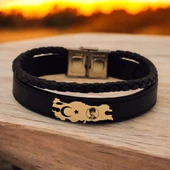 Vatan Aşkı İçin Sembole Özel Hakiki Siyah Derili 14 Ayar Altın Plakalı Türkiye Haritalı Hediye Bileklik- thumbnail 1