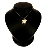 Harfe Özel 14 Ayar Altın Plakalı Diş ve Fiyonk Motifli Altın Renkli Zincirli Hediyelik Kolye-450 thumbnail 1