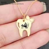 Burca Özel Diş ve Fiyonk Motifli Altın Renkli Zincirli 14 Ayar Altın Plakalı Hediyelik Kolye-450 thumbnail 2