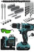 JetVolt Çift Akülü 12 Köşe 360° Otomatik Hizalamalı Lazer Metre ve Çelik Mandren 84 Parça Şarjlı Matkap - Mavi - 1