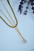 Baget Taşlı Altın Renk İtalyan Bakla Zincirli Kadın Çelik Kolye - Lisinya thumbnail 3