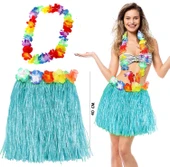 Hawaii Luau Aloha Mavi Püsküllü 40 cm Etek ve Hawaii Kolye Seti - 1