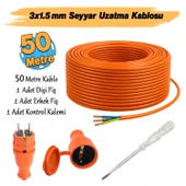 Seyyar 50 Metre Uzatma Kablosu TTR CCA Telli 3x1.5 mm Elektrik Kablo Kontrol Kalem Dişi Erkek Fiş thumbnail 2