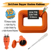 Seyyar 15 Metre Uzatma Kablosu TTR CCA Telli 3x1.5 mm Elektrik Kablo Kontrol Kalem Dişi Erkek Fiş thumbnail 2