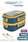 1650 ML İki Kat Üç Bölme Paslanmaz Çelik Lunch Box Yeni Nesil Sefer Tası - Kaşık Ve Çatallı -6715 - 2