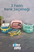 1650 ML İki Kat Üç Bölme Paslanmaz Çelik Lunch Box Yeni Nesil Sefer Tası - Kaşık Ve Çatallı -6715 - 7
