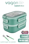 1650 ML İki Kat Üç Bölme Paslanmaz Çelik Lunch Box Yeni Nesil Sefer Tası - Kaşık Ve Çatallı -6715 - 9